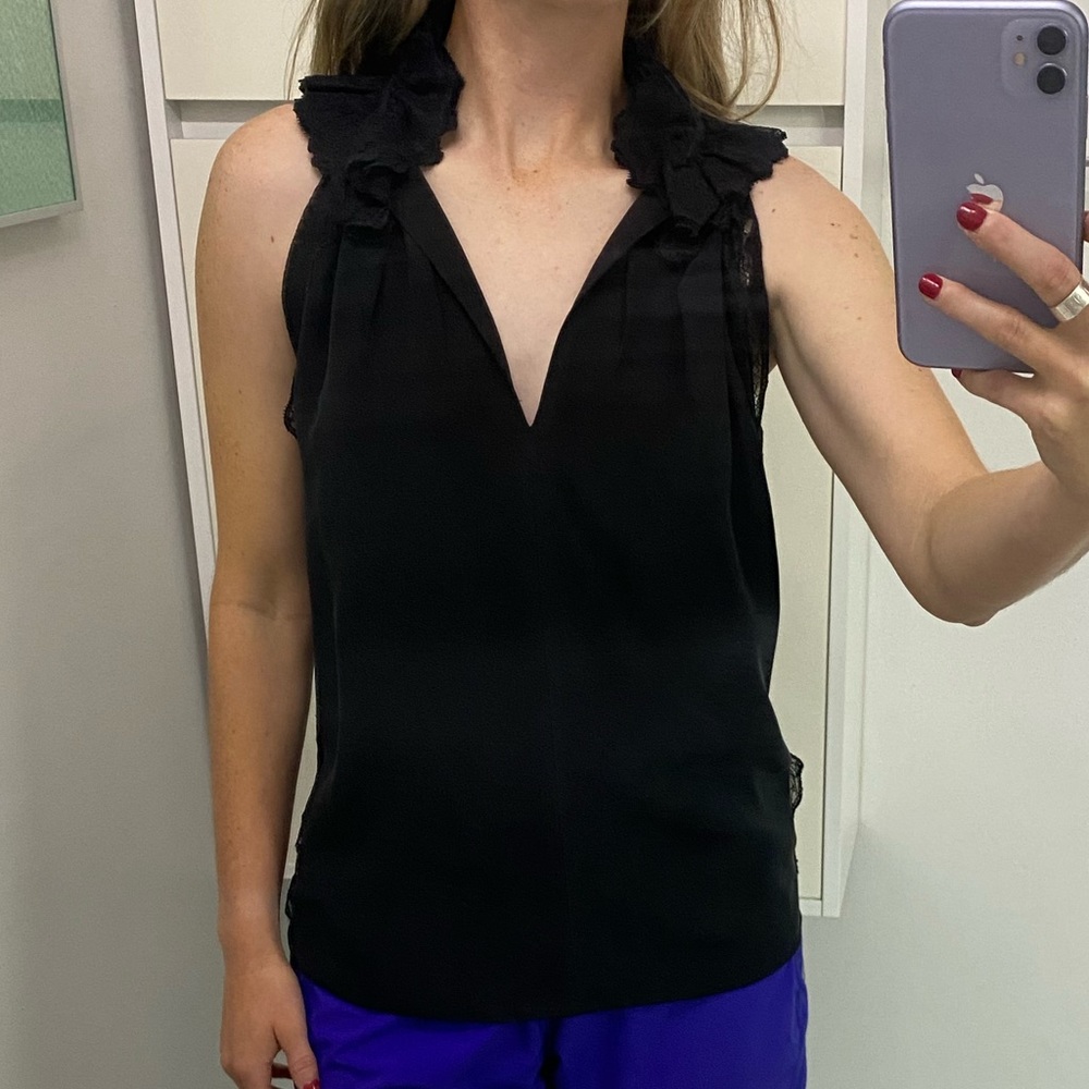 Solid silk black blouse with ruffle collar